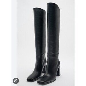 Zara Women's Black Leather Knee High Boots  Block Heel Size EU 38